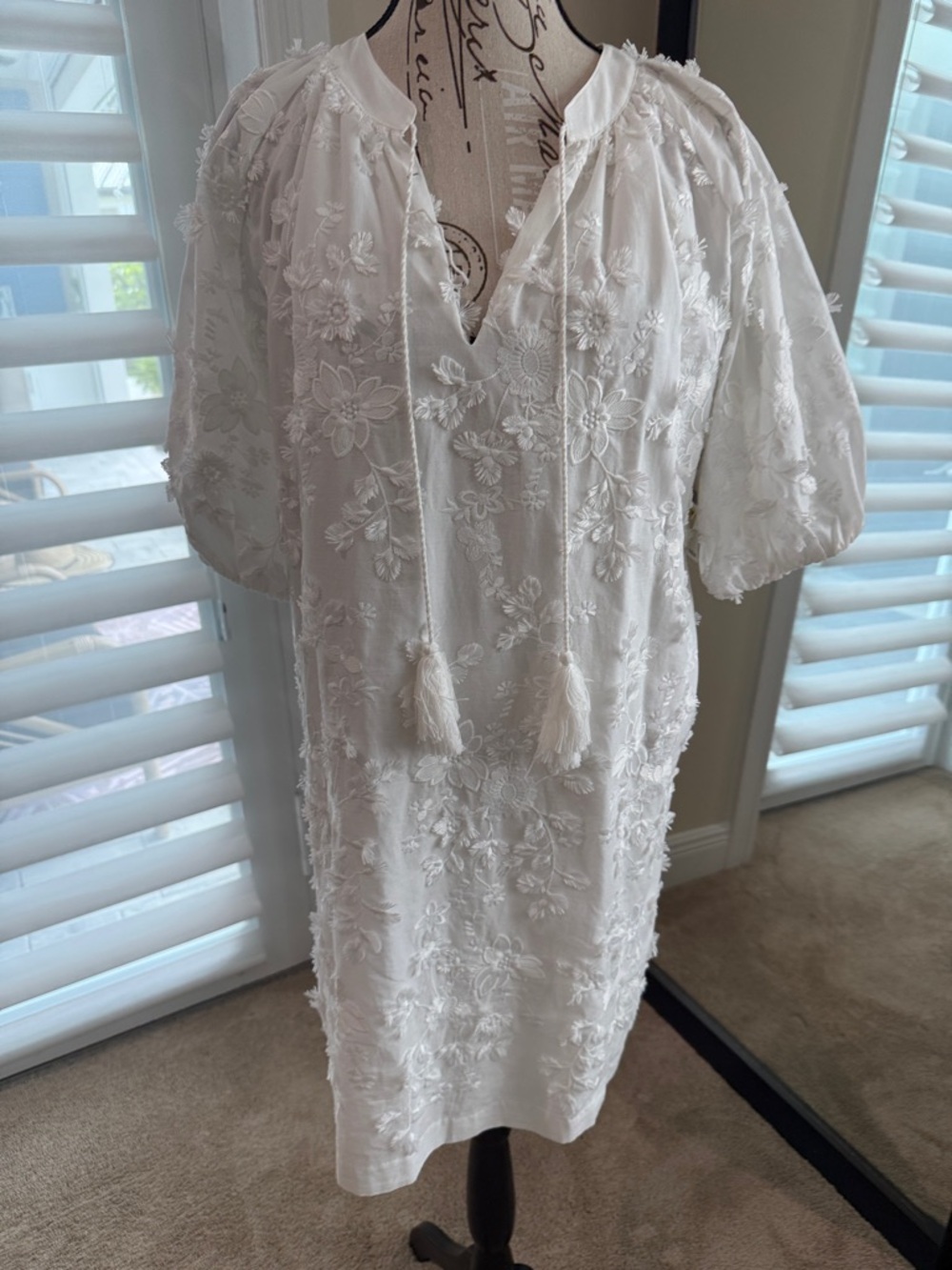 Karen Kane White Embroidered Tassel Midi Dress